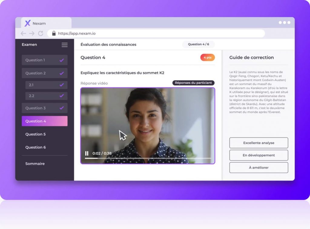 Interface Nexam présentant la Correction à niveau et réponse vidéo dans un examen en ligne sur Nexam
