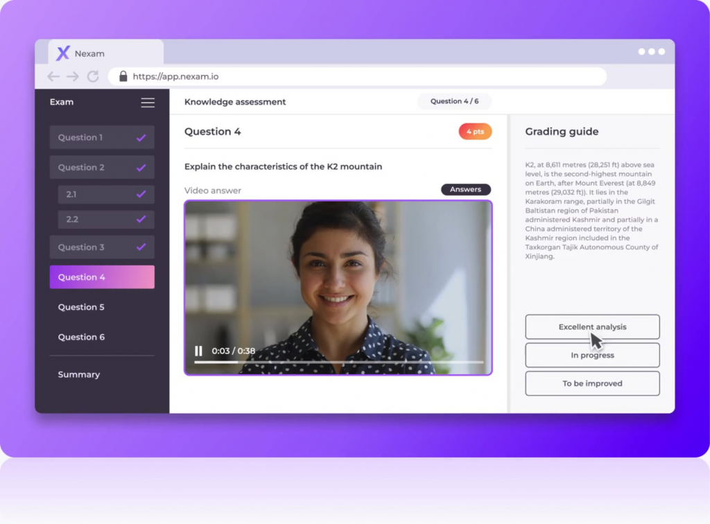 Level-based grading of a video response in Nexam