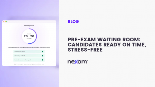 Nexam online exam waiting room with countdown and completed preparation steps