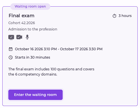 Nexam online exam card with the waiting room open and the access button highlighted