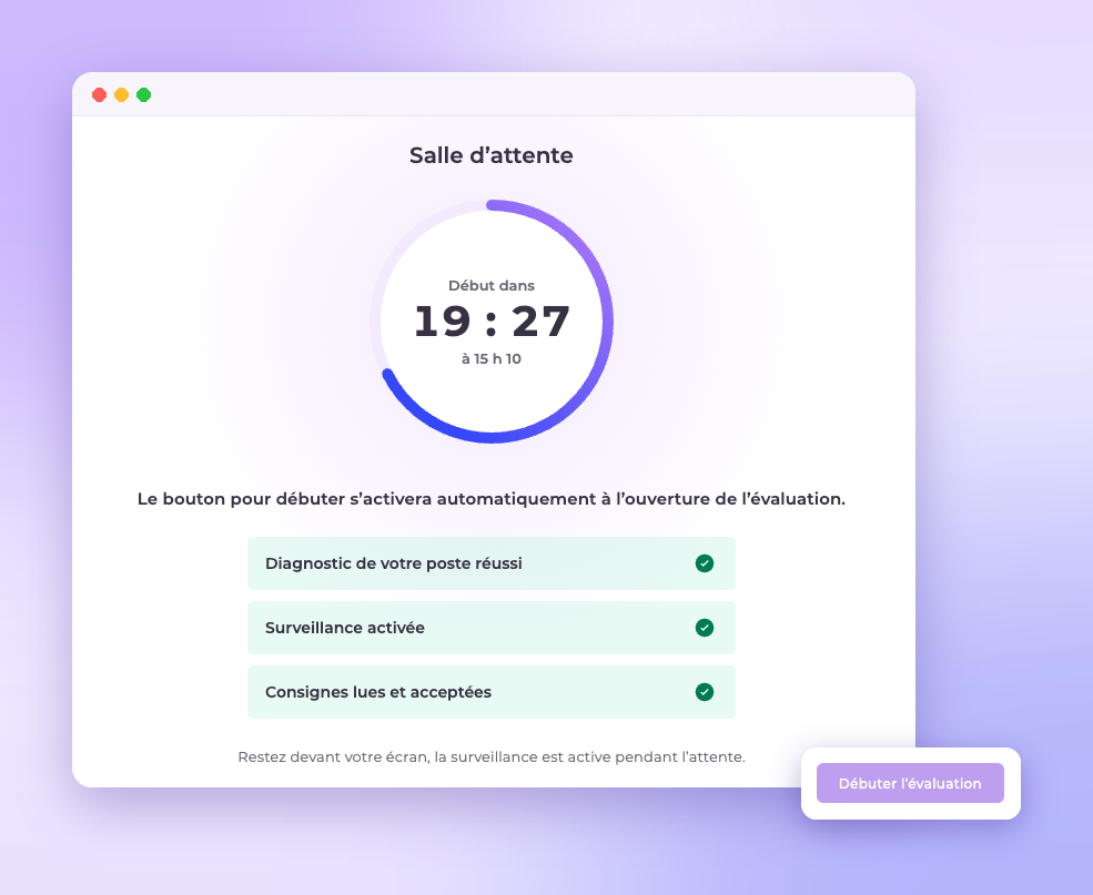 Écran de salle d’attente pré-examen Nexam avec décompte avant le début d’un examen en ligne et étapes de préparation complétées