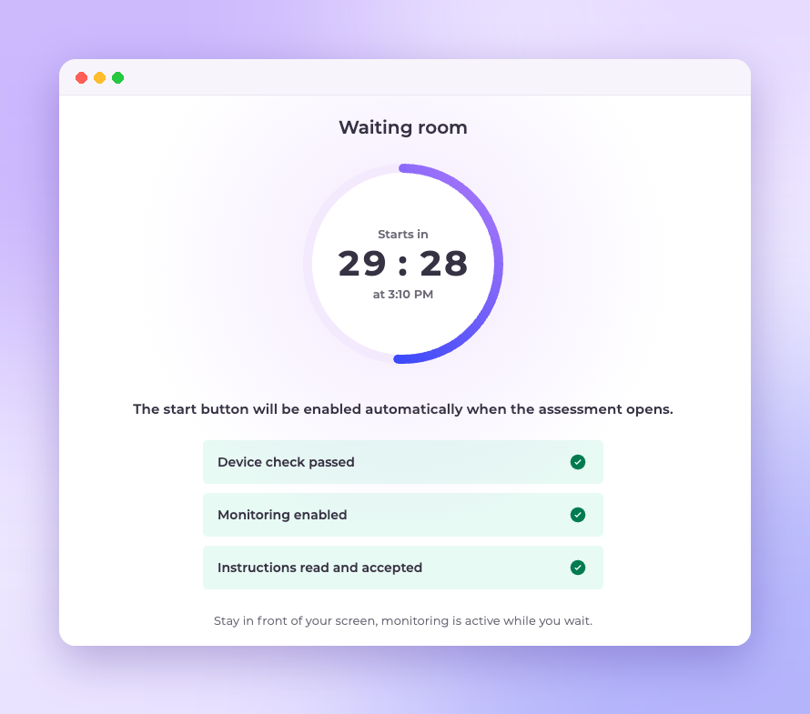 Nexam online exam waiting room with countdown and completed preparation steps